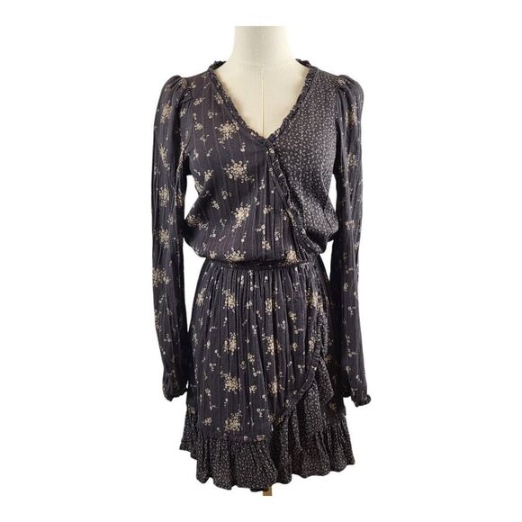 American Eagle Outfitters Small Mini Dress Cotton Brown and Tan Floral Faux Wrap - Picture 3 of 16